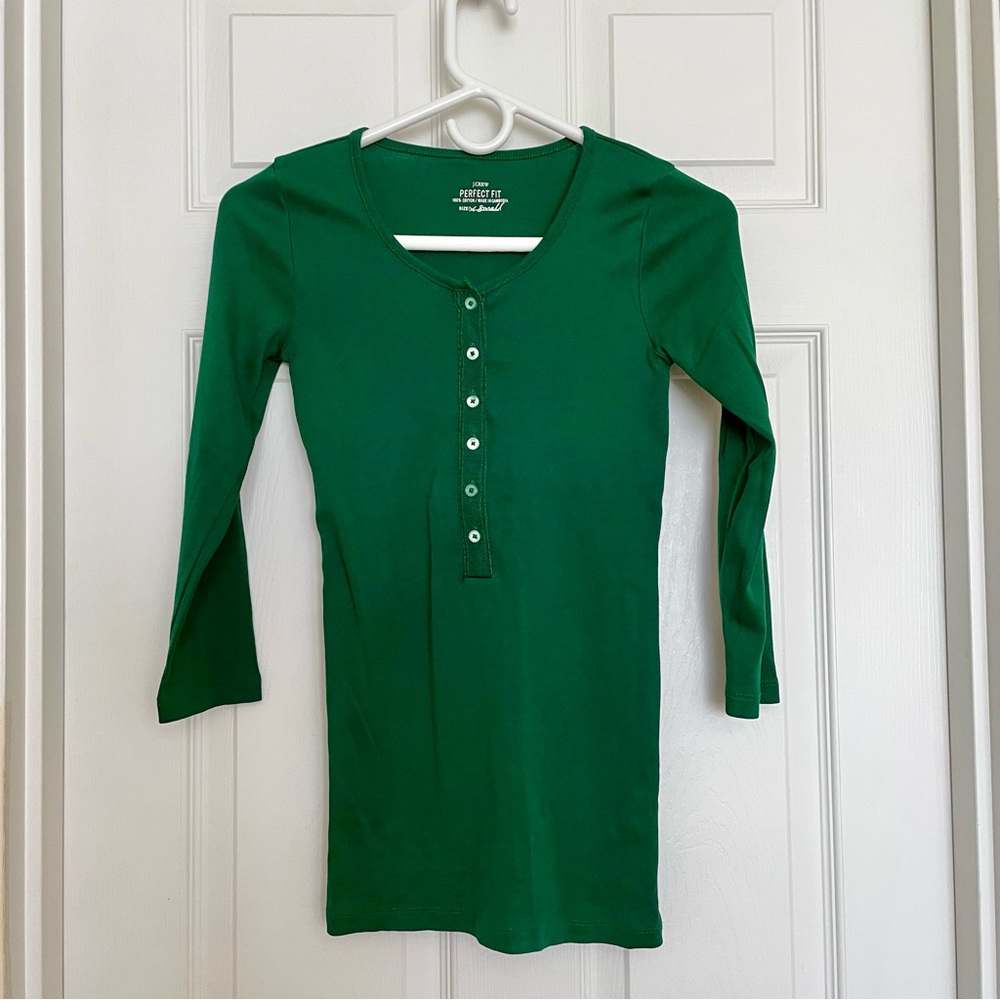 J.Crew Solid Green Henley 3/4 Sleeve Tee - Small